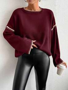 EURMUSE 女士彩色拼接長袖毛衣,飾品細節