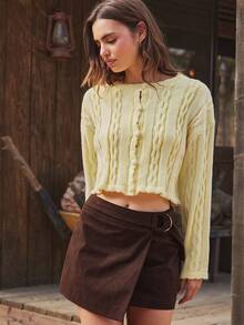 WESTFADE Round Neck Button Front Relaxed Fit Mixed Cable Knit Cardigan Sweater Cute Fall Knit Top, Casual Boho For Women, Country Western Concert, Fall, Autumn, Winter - Yellow - View 3