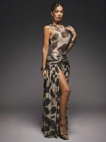 Hauture 杏色优雅性感无袖针织网眼印花连体裤蛇皮印花扭纹褶皱A字高开衩裙女式两件套 - 彩色 - 查看 4