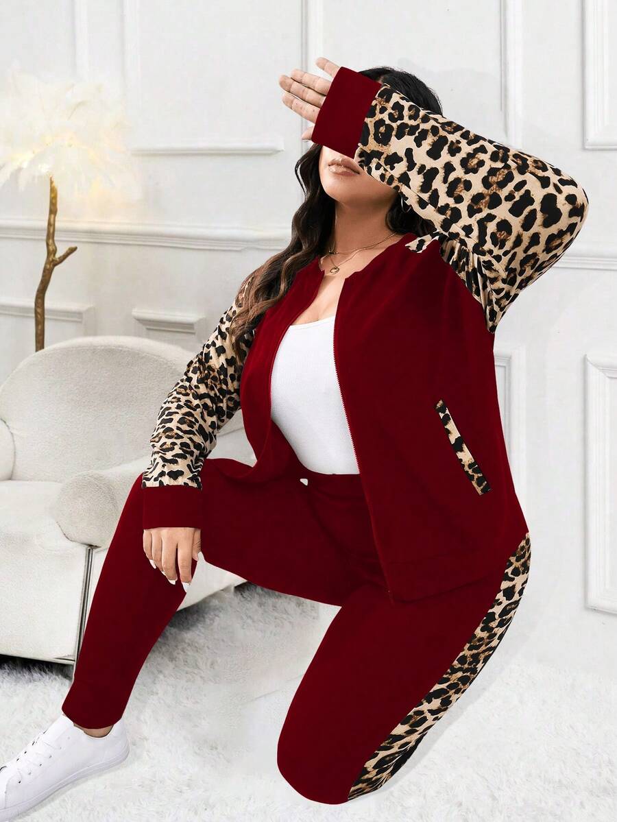 SHEIN LUNE Plus Size Leopard Print Patchwork Jacket And Pants 2 Pieces Set, Autumn - Burgundy - View 1