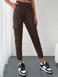SHEIN 女式休闲纯色工装运动裤 - 巧克力棕 - 查看 3