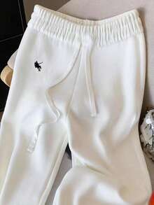 Resyla Casual Horse Embroidery Thermal Lined Elastic Waist Drawstring Loose Pants, Women, Autumn/Winter - White - View 4