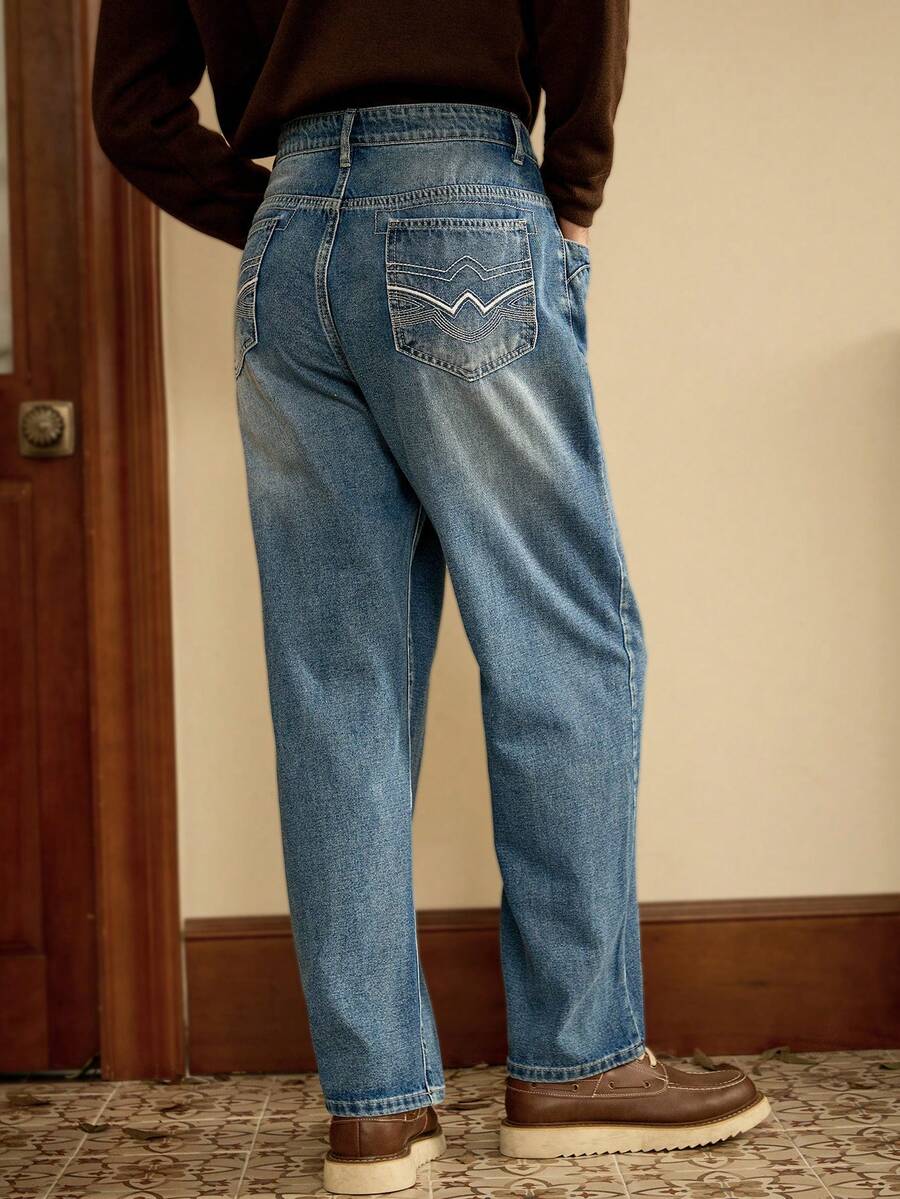 RivetRise 男士宽松刺绣蓝色牛仔裤 - 淺色水洗藍 - 查看 1