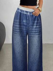 SHEIN 少女休闲宽松低腰弹力阔腿运动裤，适合春、夏、秋、冬四季穿着，尤其适合秋冬季日常穿着、街头风、居家休闲。这款阔腿弹力腰牛仔裤适合新年、日常穿着、庆祝活动、秋冬季穿着，舒适百搭，是秋冬季叠穿的理想选择，时尚有型。 - 藍色 - 查看 9