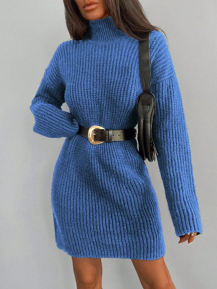 EURMUSE Áo cao cổ Thả vai Đồ đan Ribbed Đầm Áo len Không có thắt lưng - Xanh đậm - Xem 1
