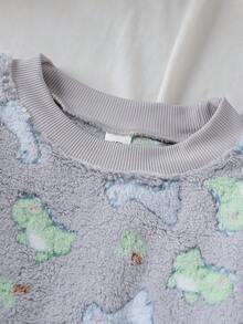 2pcs/Set Boys' Comfortable Soft Double-Sided Fleece Cartoon Dinosaur Pattern Crew Neck Long Sleeve Pajama Set, Light Gray Dinosaur Pajamas