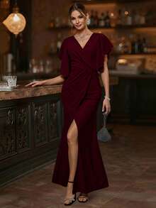 EMERY ROSE 荷叶边袖 V 领腰部合身鱼尾下摆优雅浪漫女士连衣裙 - 酒紅色 - 查看 4