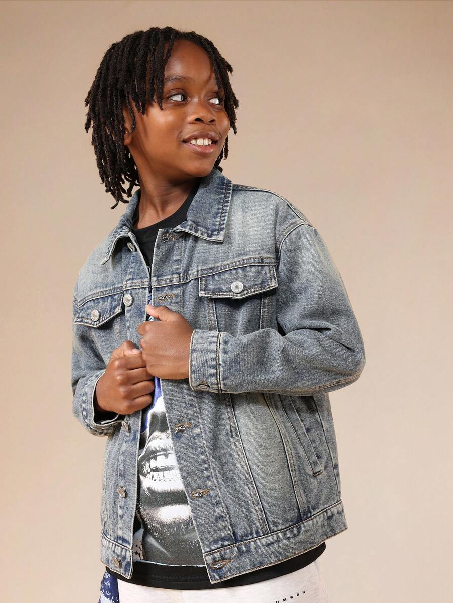 SUMWON Boys Vintage Washed Medium Blue Denim Jacket Classic Button Front Trucker Style - Medium Wash - View 1