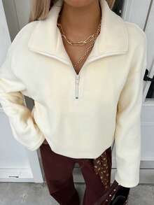 Livesso 女士保暖内衬宽松休闲商务套头衫，半开领，适合秋冬季 - 米色 - 查看 1