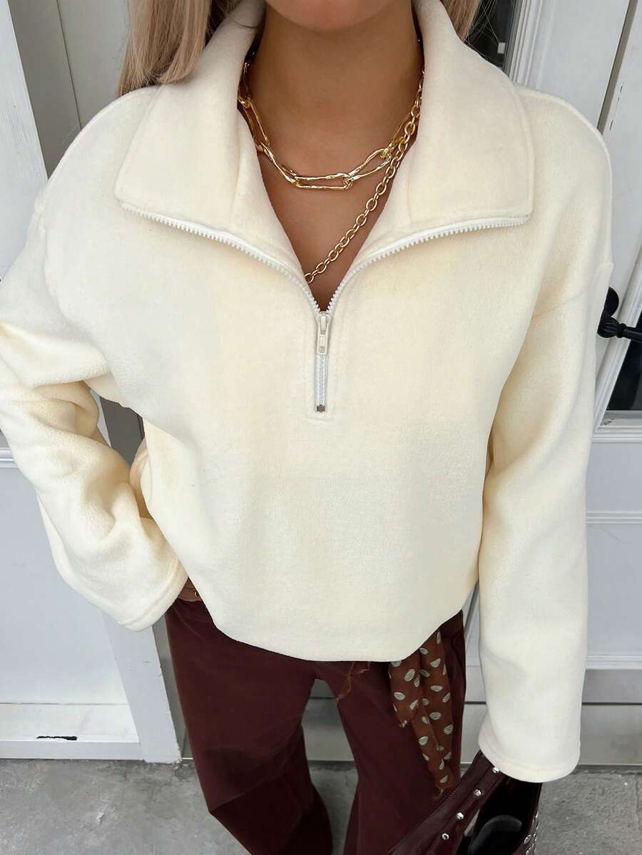 Livesso 女士保暖内衬宽松休闲商务套头衫，半开领，适合秋冬季 - 米色 - 查看 1