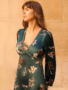 lacRébo 花卉缎面中长连衣裙，带蕾丝花边领口，秋季女装秋冬 - 墨綠色 - 查看 4