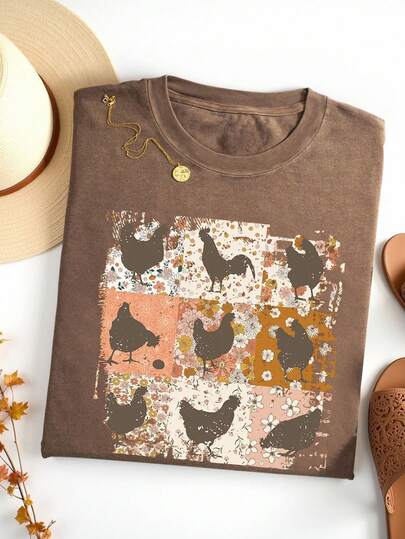 INAWLY Camiseta de manga corta casual y versátil con cuello redondo y estampado animal para mujer