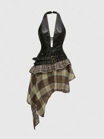 Grunge Punk Y2K Style Patchwork Plaid Asymmetric Hem Short Dress, Collegiate Vibe