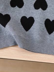SHEIN Playful Pals Áo len dài tay dệt kim họa tiết trái tim dễ thương thời trang cho bé gái, thích hợp cho mùa thu/đông. - Xám - Xem 5