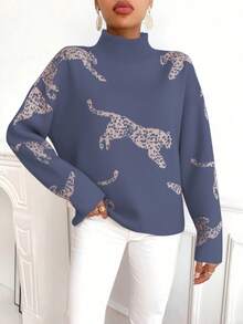 EMERY ROSE Women's Contrast Leopard Jacquard Turtleneck Loose Casual Pullover Sweater - Iron Gray - View 3
