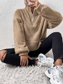 SHEIN EZwear 女士卡其色半拉链长袖套头卫衣，宽松版型，秋冬季长袖上衣，适合毕业典礼、返校、女教师、秋季、圣诞节等场合。 - 卡其色 - 查看 4