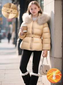 SHEIN Tween 女童时尚厚连帽束腰棉服外套，适合秋冬季日常休闲穿着 - 杏色 - 查看 9