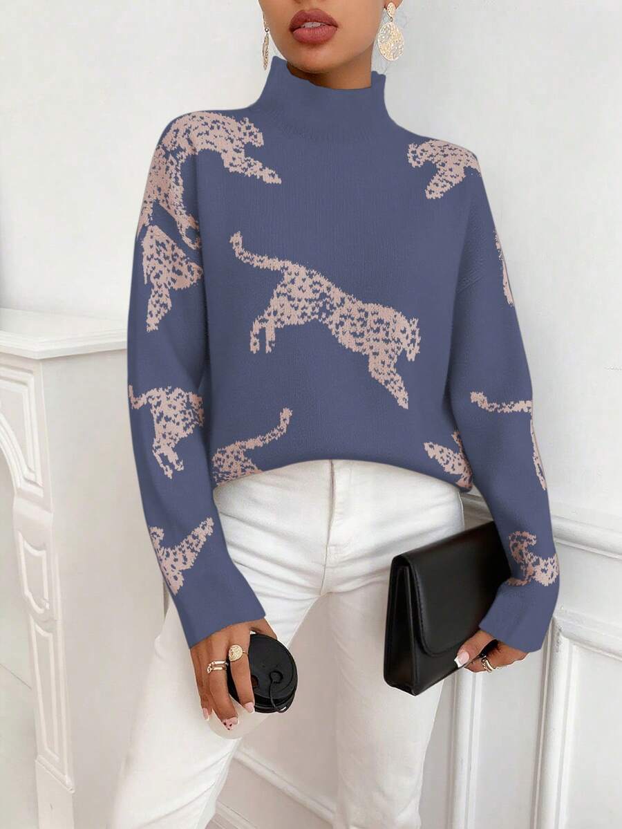 EMERY ROSE Women's Contrast Leopard Jacquard Turtleneck Loose Casual Pullover Sweater - Iron Gray - View 1