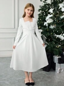 SHEIN 女童方领泡泡袖收腰短袖连衣裙 - 白色 - 查看 9