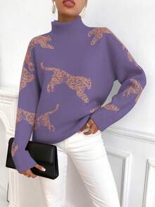 SHEIN LUNE Sweater Lengan Panjang Leher Tinggi Motif Hewan Warna Kontras untuk Wanita - Red Violet - View 5