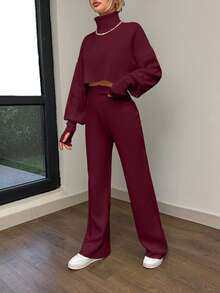 EURMUSE Set di maglione e pantaloni casual da donna a tinta unita con collo alto e maniche lunghe - Bordò - Visualizzare 5