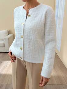 EURMUSE Women Soft Touch Gold Button Front Detailed Knit Cardigan Soft Knit Cardigan With Gold Buttons, Elegant Crew Neck Sweater For Minimalist Fall Winter Outfits - Cream - View 4