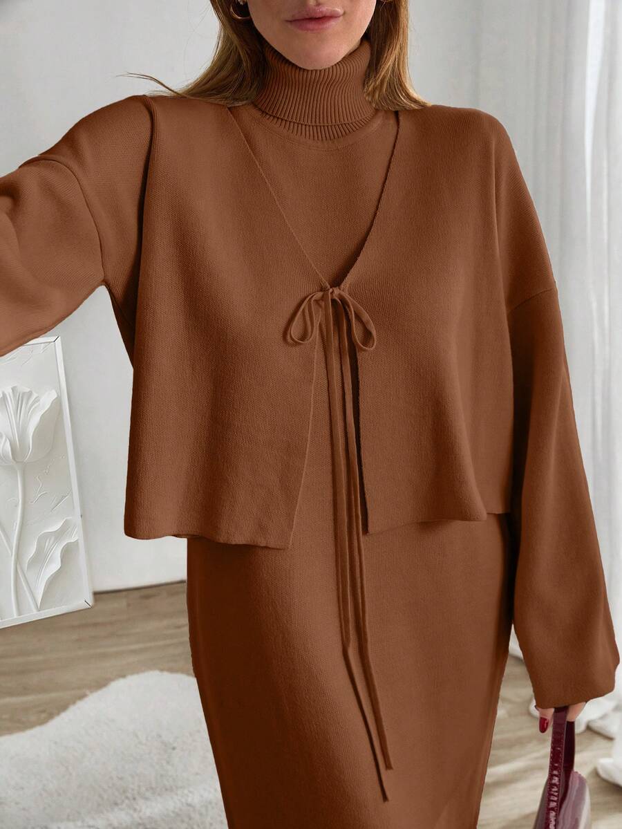 EURMUSE Women Sleeveless High Neck Sweater Dress With Cardigan - Brown - View 1