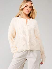 MISSGUIDED Cárdigan de punto con botones y cuello polo para otoño e invierno - Crema - Ver 4