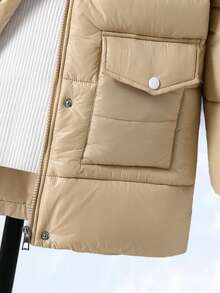 SHEIN 时尚女孩连帽中长款棉服外套，撞色毛领，2 个前口袋，宽松版型，舒适，适合秋冬季、日常、通勤、户外、聚会、聚会、拍照 - 卡其色 - 查看 4