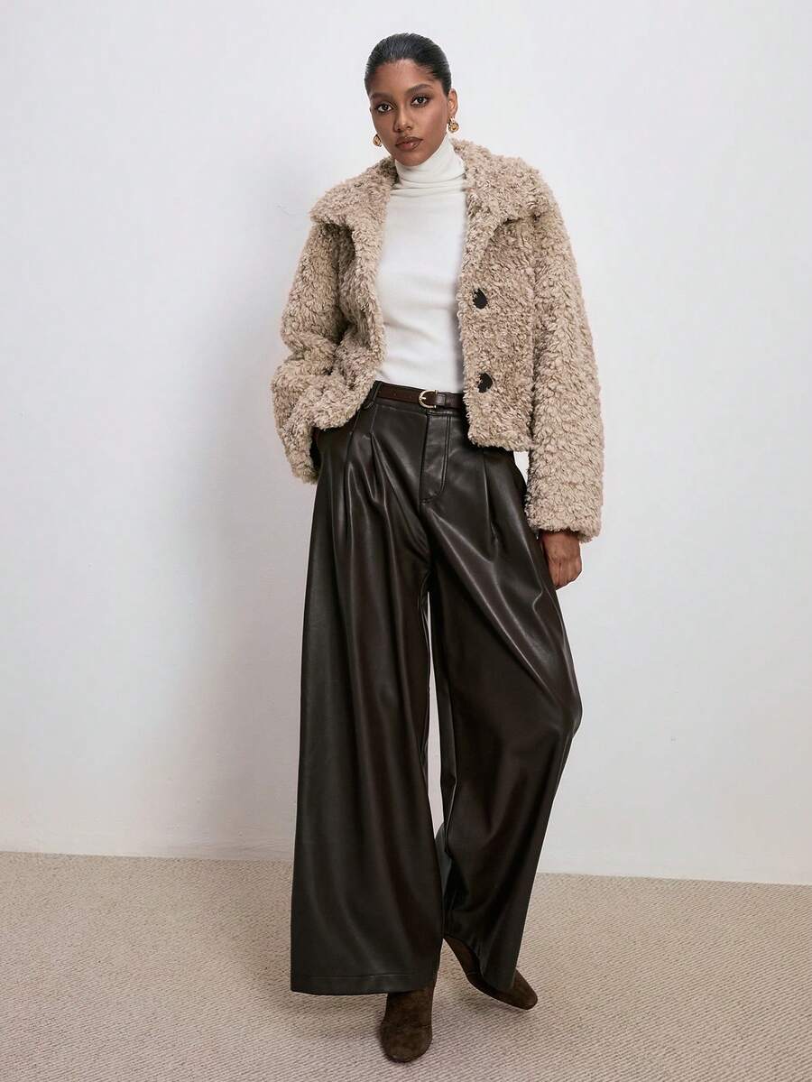 ATUI Studio Cappotto in pelliccia finta con bottoni frontali, maniche lunghe, colore unito, adatto per autunno/inverno, San Valentino - Cachi - Visualizzare 1
