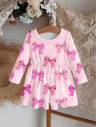 Baby Girl Sweet Floral & Letter Print Round Neck Long Sleeve A-Line Dress, Cute Style Suitable For Outings In Autumn, Comfortable And Easy To Wear For Infant, Suitable For Autumn/Winter