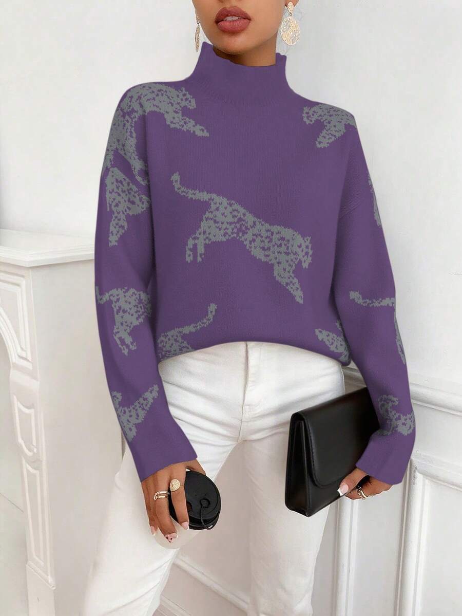 SHEIN LUNE 女式豹纹提花宽松高领长袖针织毛衣 - Bold Plum - 查看 1