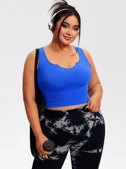 Plus Size 1pc Navy Blue Women Sports Top, Comfortable Seamless Knit Yoga Fitness Activewear