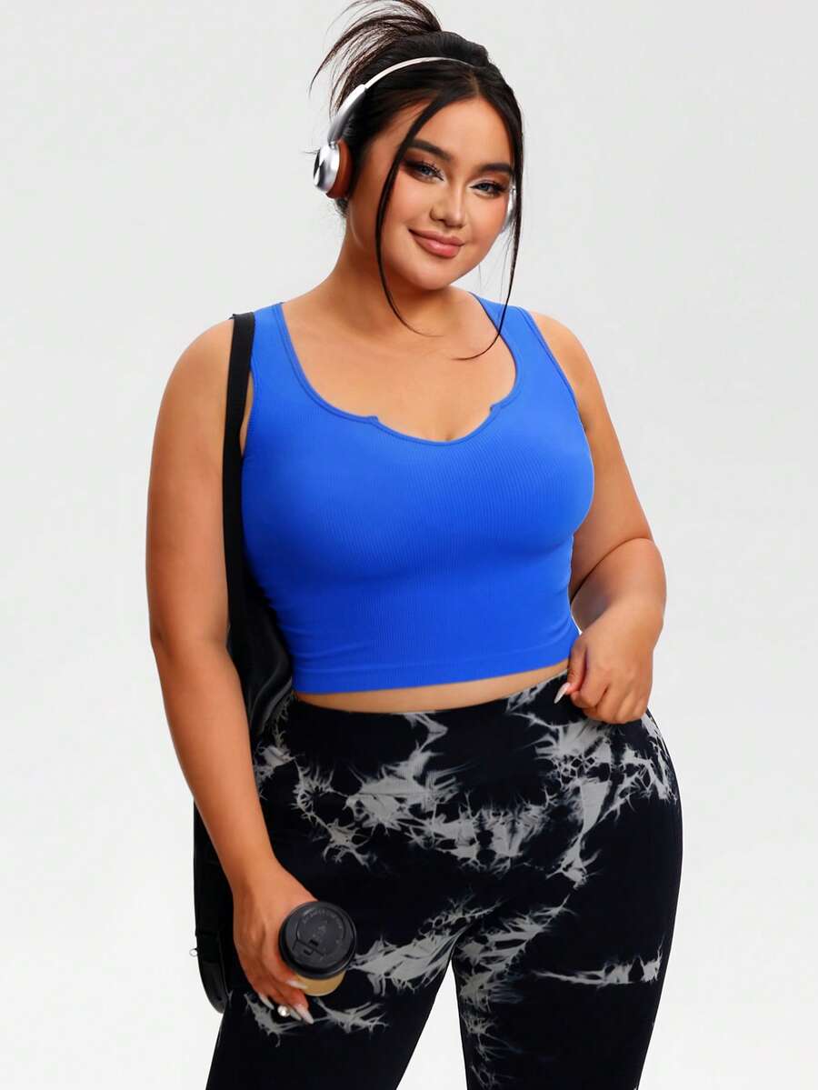 SHEIN Sports 加大码单件藏蓝色女士运动上衣,舒适无缝针织瑜伽健身运动服 - 寶藍色 - 查看 1