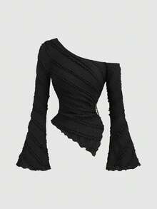 Sweetra 女士新款纹理面料不对称下摆长袖衬衫，带金属装饰，适合通勤和外出，春夏秋 - 黑色 - 查看 3