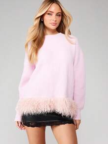 MISSGUIDED Fuzzy Feather Trim Oversized Knit Sweater Long Sleeve Crew Neck Pullover For Fall Winter Cozy Casual Wear - Pink - View 1