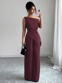 Elenzga 夏季新款韩版女士两件套，适合旅行和摄影，采用华丽深海蓝色不对称肩领上衣和高腰修身休闲裤 - 酒紅色 - 查看 3