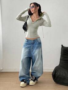 StreetHx Áo nỉ có mũ trùm đầu cổ chữ V dài tay đơn sắc dành cho nữ - Màu Khaki - Xem 3