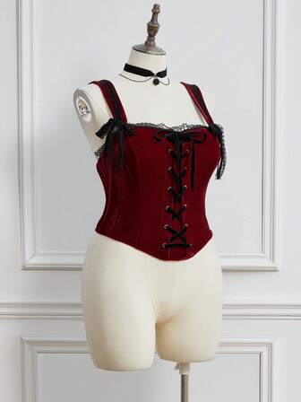 J-Fashion Débardeur vintage en velours et dentelle patchwork, grande taille, rouge vin, convient pour les fêtes et anniversaires, automne/hiver