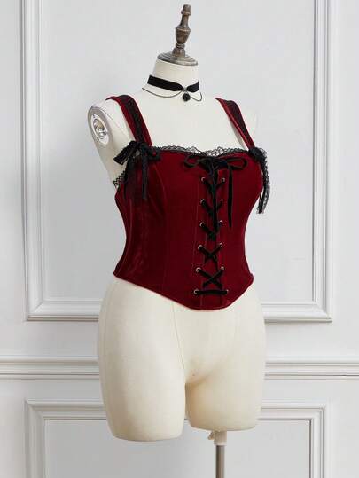 J-Fashion Christmas Plus Size Vintage Velvet Lace Patchwork Camisole, Wine Red, Suitable For Party And Birthday, Autumn/Winter