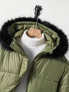 SHEIN Girls Olive Green Winter Modest School Hooded Padded Coat,Contrast Color Fur Collar,2 Front Pockets,Loose Fit Mid-Length Jacket For Autumn/Winter - Army Green - View 7