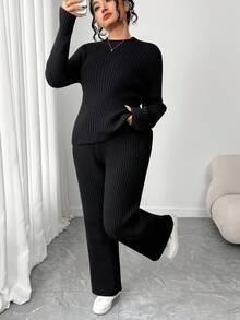 Elenzga Conjunto de suéter y pantalones de chándal de unicolor simple para uso diario y casual para mujer de talla grande, otoño - Negro - Ver 4