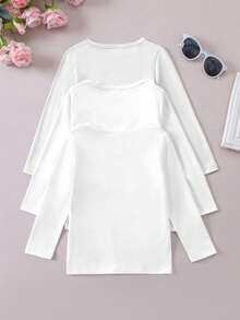 SHEIN Kleine Mädchen Klassisch Lässig Weite Passform Einfarbig Rundhals Langarm T-Shirt, Bequem & Modisch, Geeignet für Reisen, Leuchtend, Frühling/Herbst