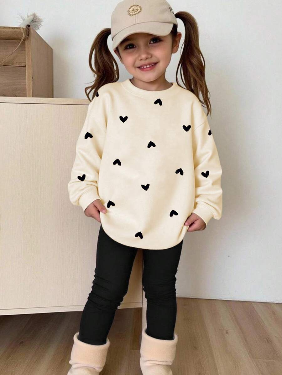 1 Set Young Girls Casual Comfortable Fashion Sweet Heart Print Long Sleeve Sweatshirt And Leggings Suit, Suitable For Little Girls Autumn/Winter Outfit, Heart Sweatshirt Set, Multi-Color Fall/Winter Outerwear