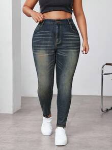 SHEIN EZwear 大码女式休闲高腰紧身牛仔裤，百搭日常通勤 - 藍色 - 查看 4