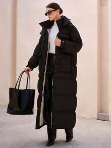 Women's Solid Hooded Long Casual Comfy Winter Coat,Coats,Jacket - Black - View 6