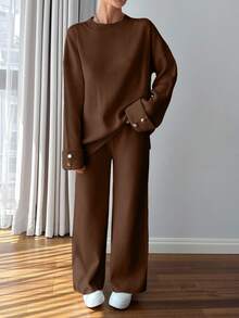 EURMUSE Plus Size Women Button Detail Sweater And Knit Pants Casual Set - Brown - View 5