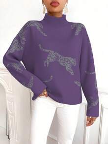 SHEIN LUNE 女式豹纹提花宽松高领长袖针织毛衣 - Bold Plum - 查看 4