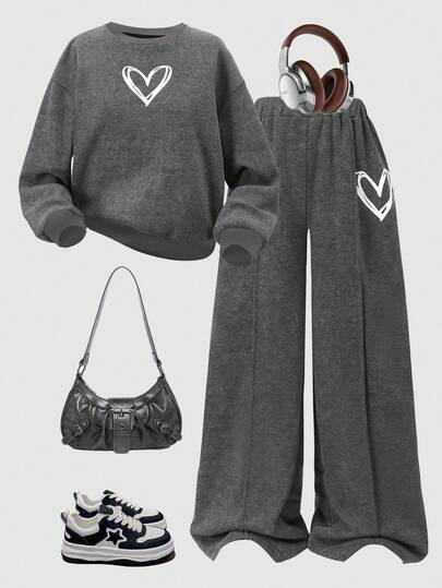 SHEIN Teen Girl Casual Loose Fit Comfortable Round Neck Sweatshirt And Pants Set