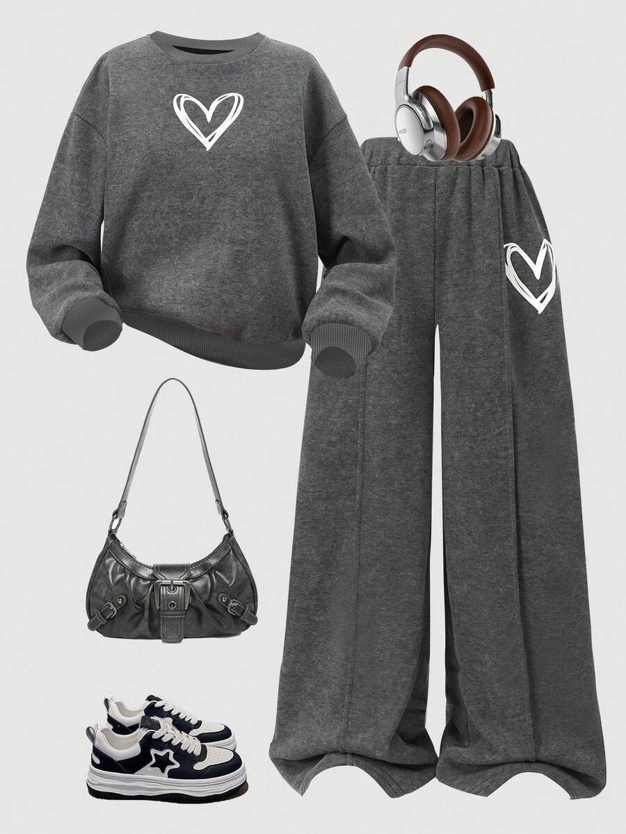 SHEIN 少女休闲宽松舒适圆领运动衫和裤子套装 - 灰色 - 查看 1